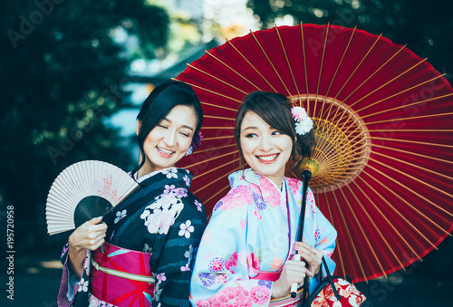 Two Japanese Girls Wearing Kimonos Traditional Clothes Lifestyle