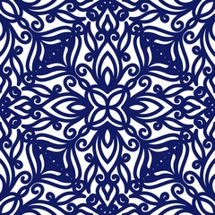 Wall Mural - Seamless floral pattern of curls. Blue and white background. Geometric swirl ornament. Graphic modern pattern