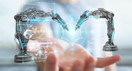 Poster - businessman using robotics arms with digital screen 3d rendering