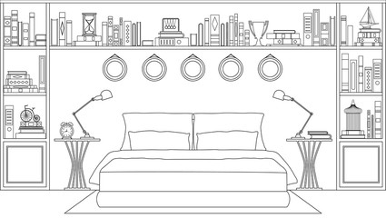 Wall Mural - Linear bedroom. Vector illustration. Sketch of a bedroom with furniture racks and books.