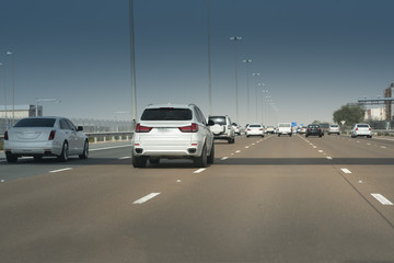 Evening motor Traffic on the arabian highway. One of the Bussiest highways in UAE between Dubai and Aby Dhabi