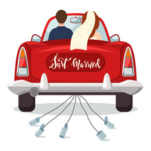 Just Married Red Car With The Bride And Groom. Wedding Vector Illustration With A Newlywed Couple Isolated On A White Background.