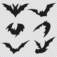 Bat Black Silhouette Of Different Shapes In Flight. Vector Flat Icons Isolated On A Transparent Background.