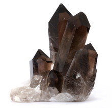 A Cluster Of Dark Brown Smoky Quartz  Crystals, Isolated On A White Background. This Specimen Was Found In Brazil.