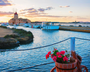 Sticker - Sunset at Windmill and salt evoporation pond Marsala of Sicily