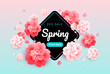 Spring sale background banner with beautiful flowers - pink and green gradient background - colorful spring illustration, poster, web header, brochure, discount voucher design template, email header