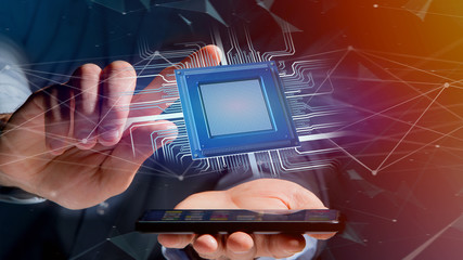Poster - Businessman using a smartphone with a Processor chip and network connection - 3d render
