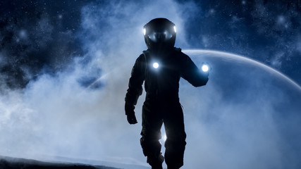 Wall Mural - Courageous Astronaut in the Space Suit Holds Flashlight and Explores Mysterious Alien Planet Covered in Mist. Other Planet in Background. Adventure. Space Travel and Colonization Concept.