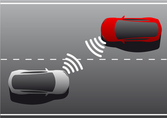 Wall Mural - V2V - Vehicle to vehicle communication. Data exchange between self driving cars. Vector illustration