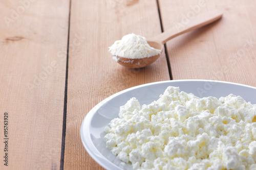 Cheese Fresh Cottage Cheese In A White Plate Wooden Spoon Curd
