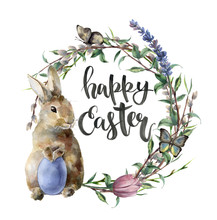 Watercolor Easter Card With Bunny, Butterfly And Lettering. Hand Painted Border With Egg, Lavender, Willow, Tulip, Tree Branch With Leaves Isolated On White Background. For Design, Print, Background.