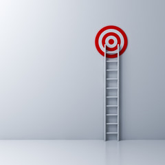 Poster - Ladder and the red target on white wall background. 3D rendering.
