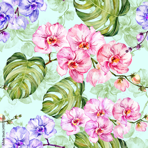 niebieskie-i-rozowe-kwiaty-orchidei-z-konturami-i-duze-zielone-monstera-pozostawia-na-jasnoniebieskim-tle-wzor-malarstwo-akwarelowe