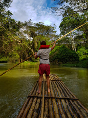  man runs a raft of bamboo on the river