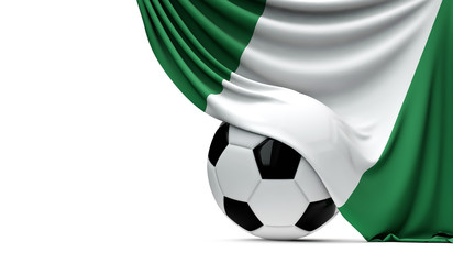 Nigeria national flag draped over a soccer football ball. 3D Rendering