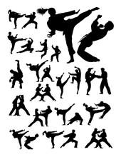 Couple Exercising Karate Detail Silhouette. Vector, Illustration. Good Use For Symbol, Logo, Web Icon, Mascot, Sign, Or Any Design You Want.