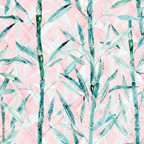 Nowoczesny obraz na płótnie Seamless Botanical pattern. Bamboo branches on a pink background. 