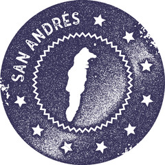 San Andres map vintage stamp. Retro style handmade label, badge or element for travel souvenirs. Deep purple rubber stamp with island map silhouette. Vector illustration.