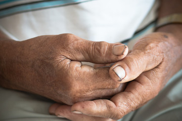 Wall Mural - Hands Asian poor elderly grandfather man that  have dry black and Dirty nails, World Kindness Day concept and Adult day care. very old senior woman hands wrinkled skin. Family Older people concept