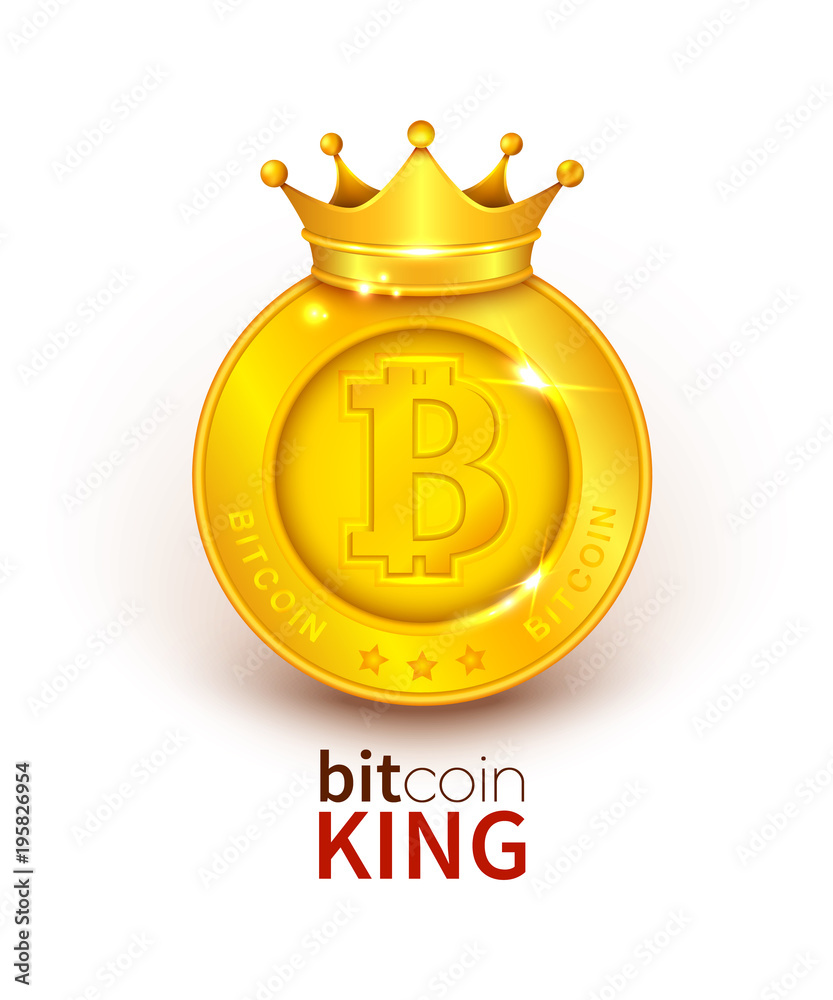 Vector 3d realistic illustration of king bitcoin with golden crown on it,  popular cryptocurrency, number one in the world isolated on background.  Internet technology, success concept illustration Stock-vektor | Adobe Stock