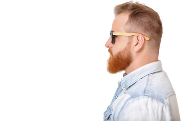 beard man in sunglasses and denim shirt