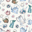 A seamless pattern with vintage kettles, teapots and bouquets of roses painted with watercolor. Tea time backfround for fabric, kitchen wallpapers, gift wrapping paper, scrapbooking.
