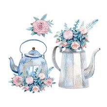 A Set Of Two Vintage Watercolor Kettles With Bouquets Of Roses Painted With Watercolor. A Cozy Tea Time Greeting Card.