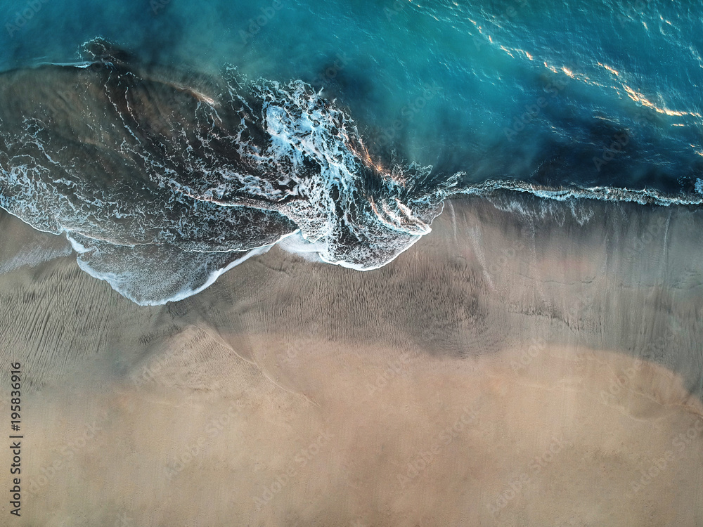 Aerial view of ocean waves and fantastic beach in the Canary Island - obrazy, fototapety, plakaty 