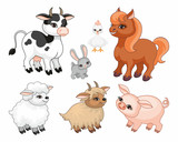 Fototapeta  - The image of cute farm animals in cartoon style. Children’s illustration. Vector set.