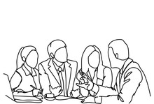 Business People Team Sit At Desk Together Communication Discussion Or Brainstorming Meeting Doodle Vector Illustration