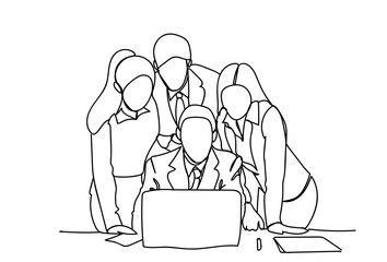 Poster - business people team looking at laptop computer discussion or brainstorming meeting doodle vector il