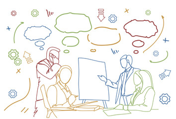 Wall Mural - Business People Team Seminar Group Of Businesspeople Sit At Desk Together Brainstorming Meeting Doodle Vector Illustration