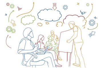 Poster - business training seminar with doodle group of businesspeople sit together conference meeting vector