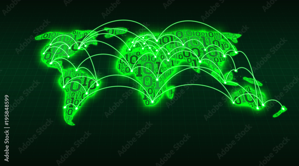 Abstract world map from digital binary code on a grid background ...