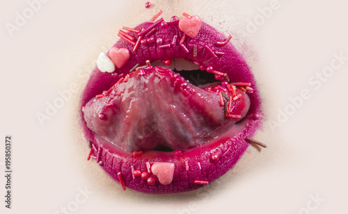Sweet Sexy Lips With Sweets Woman Licks Pink Hearts Sweet Sexy Lips With Sweets Woman Licks Pink Hearts