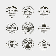 Set Of Vintage Wilderness Logos. Hand Drawn Retro Styled Outdoor Adventure Emblems. Vector Illustration