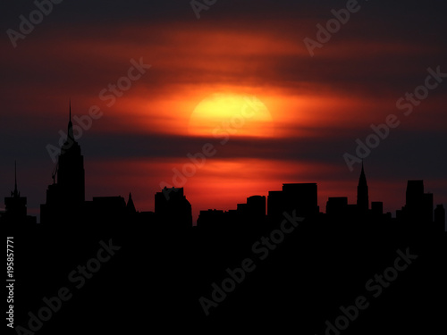 Fotografía Midtown Manhattan skyline silhouette with sunset illustration