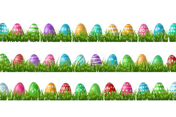 Vector realistic isolated easter eggs in grass borders for decoration and covering on the white background. Concept of Happy Easter.