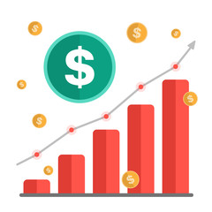 Growing money concept. Dollar sign with chart, rising arrow and coins. Vector illustration