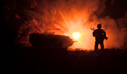 Anti-riot police give signal to be ready. Government power concept. Police in action. Smoke on a dark background with lights. Blue red flashing sirens. Dictatorship power