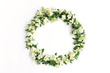 Flowering flower wreath of Spirea arguta (brides plant) on white table. Flat lay, top view