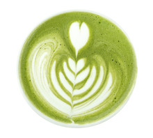 Top View Of Hot Matcha Green Tea Latte Art Foam Isolated On White Background, Clipping Path Included
