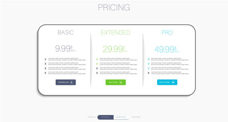 Poster - Price list, hosting plans and web boxes banners design. three tariffs. interface for the site. ui ux vector banner for web app.