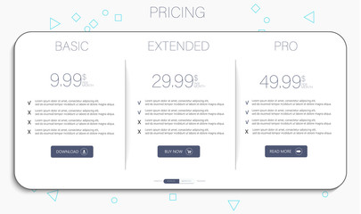 Poster - Price list, hosting plans and web boxes banners design. three tariffs. interface for the site. ui ux vector banner for web app.