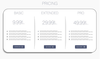 Poster - Price list, hosting plans and web boxes banners design. three tariffs. interface for the site. ui ux vector banner for web app.
