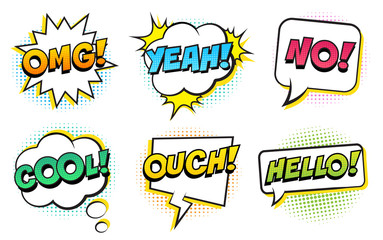 Wall Mural - retro comic speech bubbles set on white background. expression text cool, hello, omg, yeah, no, ouch