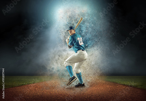 Fotografie, Tablou  Baseball player in dynamic action around splash drops under stad