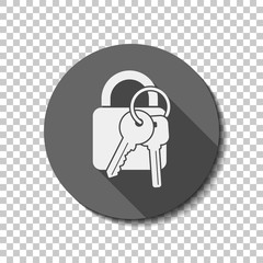 Poster - lock with keys icon. White flat icon with long shadow in circle on transparent background