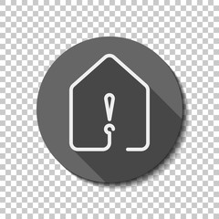 Poster - house with exclamation mark icon. line style. White flat icon with long shadow in circle on transparent background
