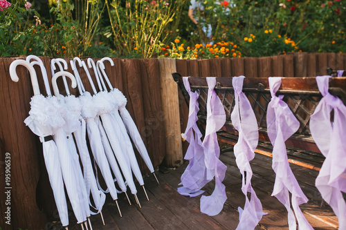 purple umbrellas wedding